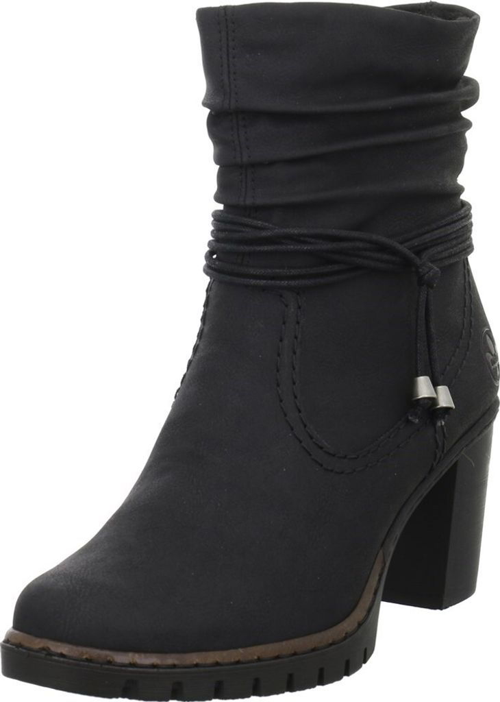 A black women's ankle boot with a stacked heel and decorative lacing detail.