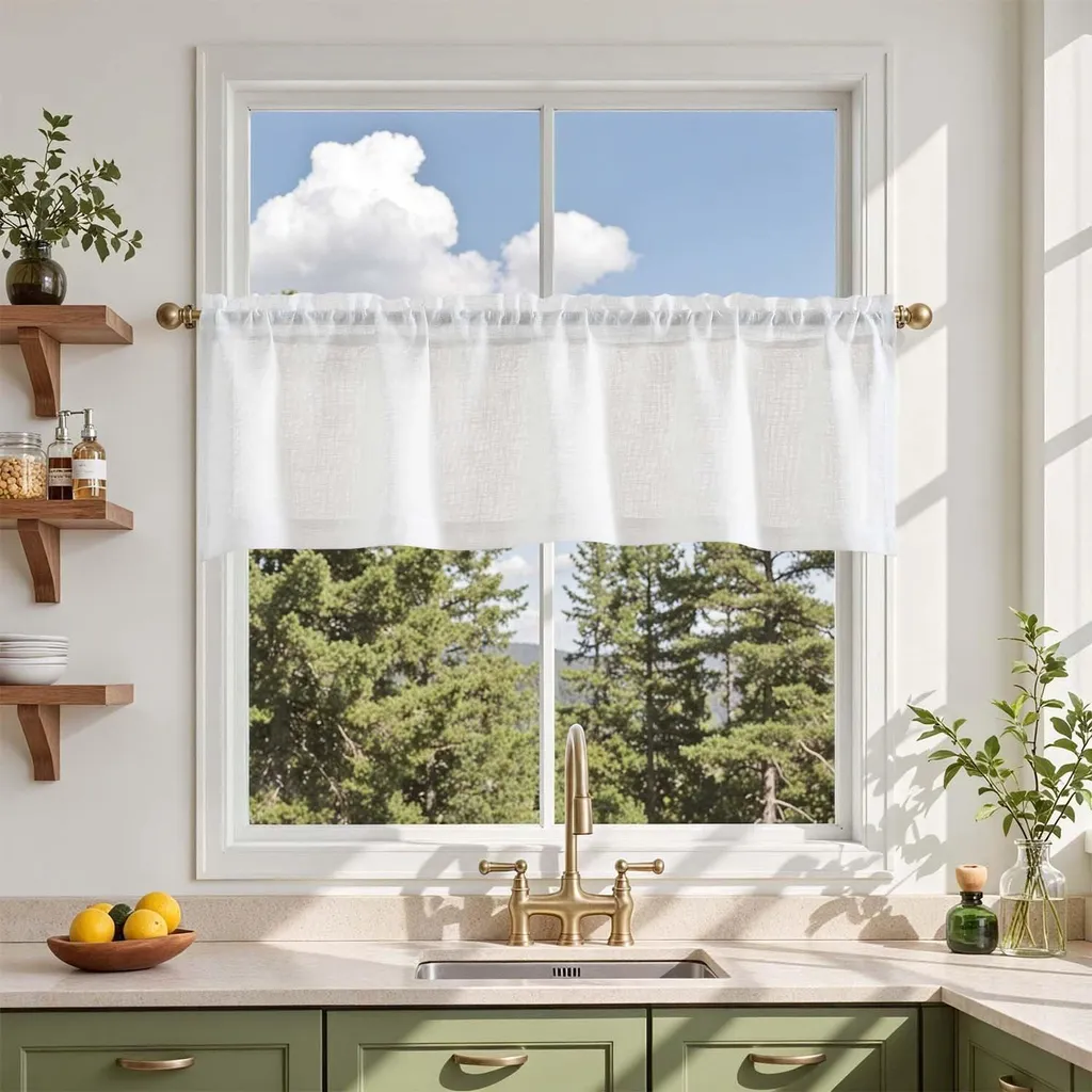 Rideau court moderne semi-transparent blanc avec finition effet lin chic
