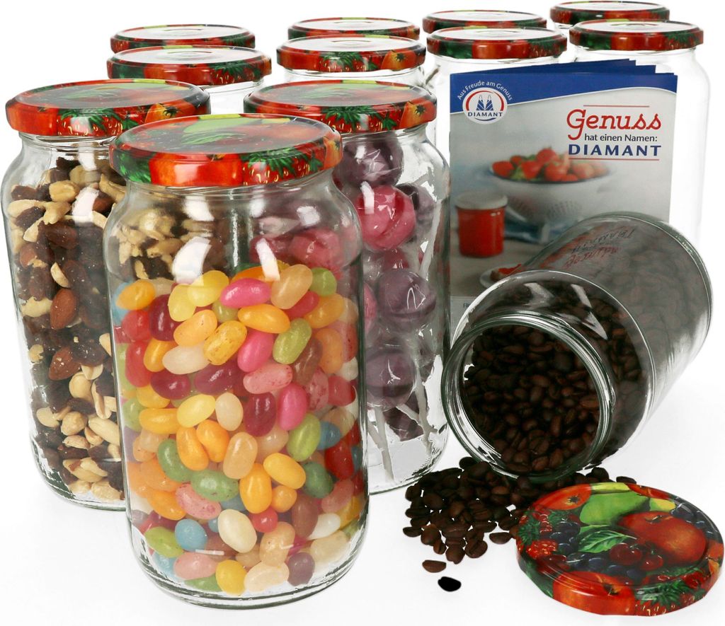 12er Set Einmachglas 1062 ml Deckel mit Obst-Dekor Rund- Einkochgläser Vorratsglas Aufbewahrung