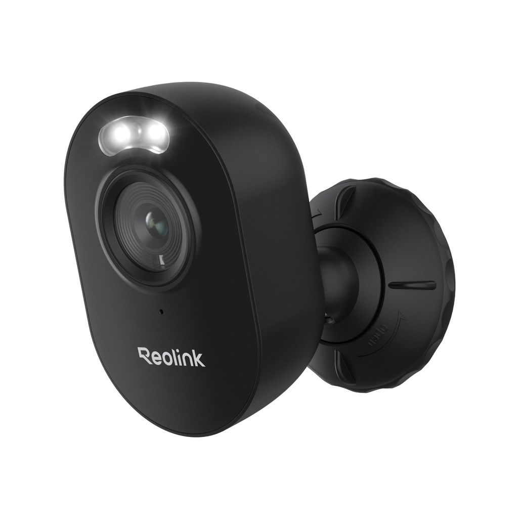 A black Reolink Lumus security camera is shown against a white background.