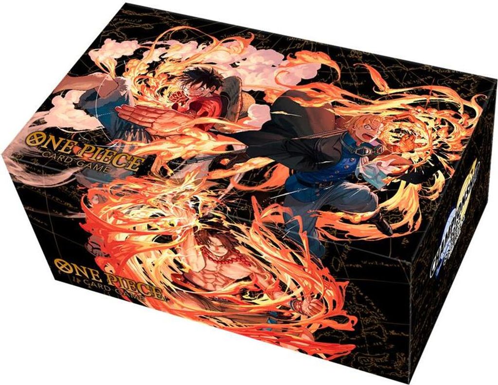 A product box for a One Piece card game, featuring characters and fire.