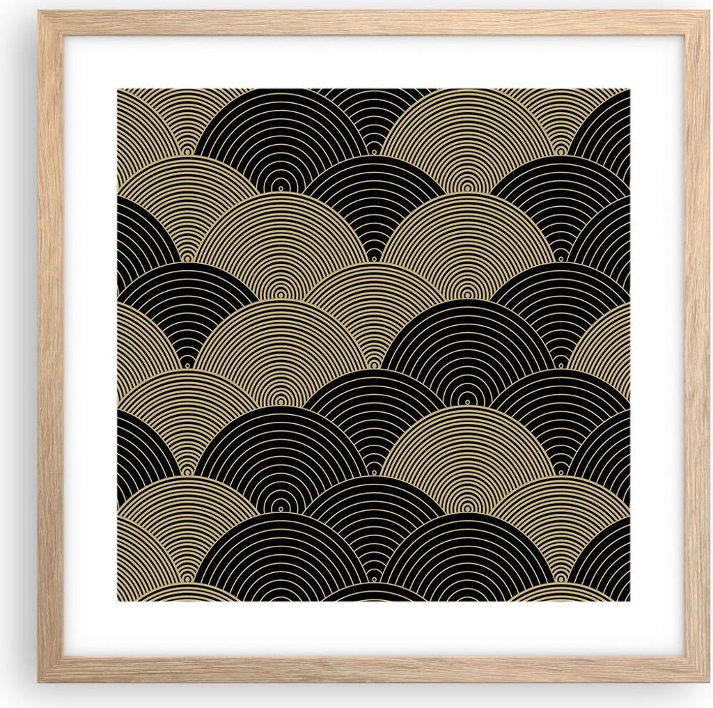 Gerahmtes Poster - Rahmen in heller Eiche - Schwarz und Gold Kreise Grafiken - 40x40 cm - Wand Bild - Wanddeko - Wandbilder - Kunstposter - Wandpos...