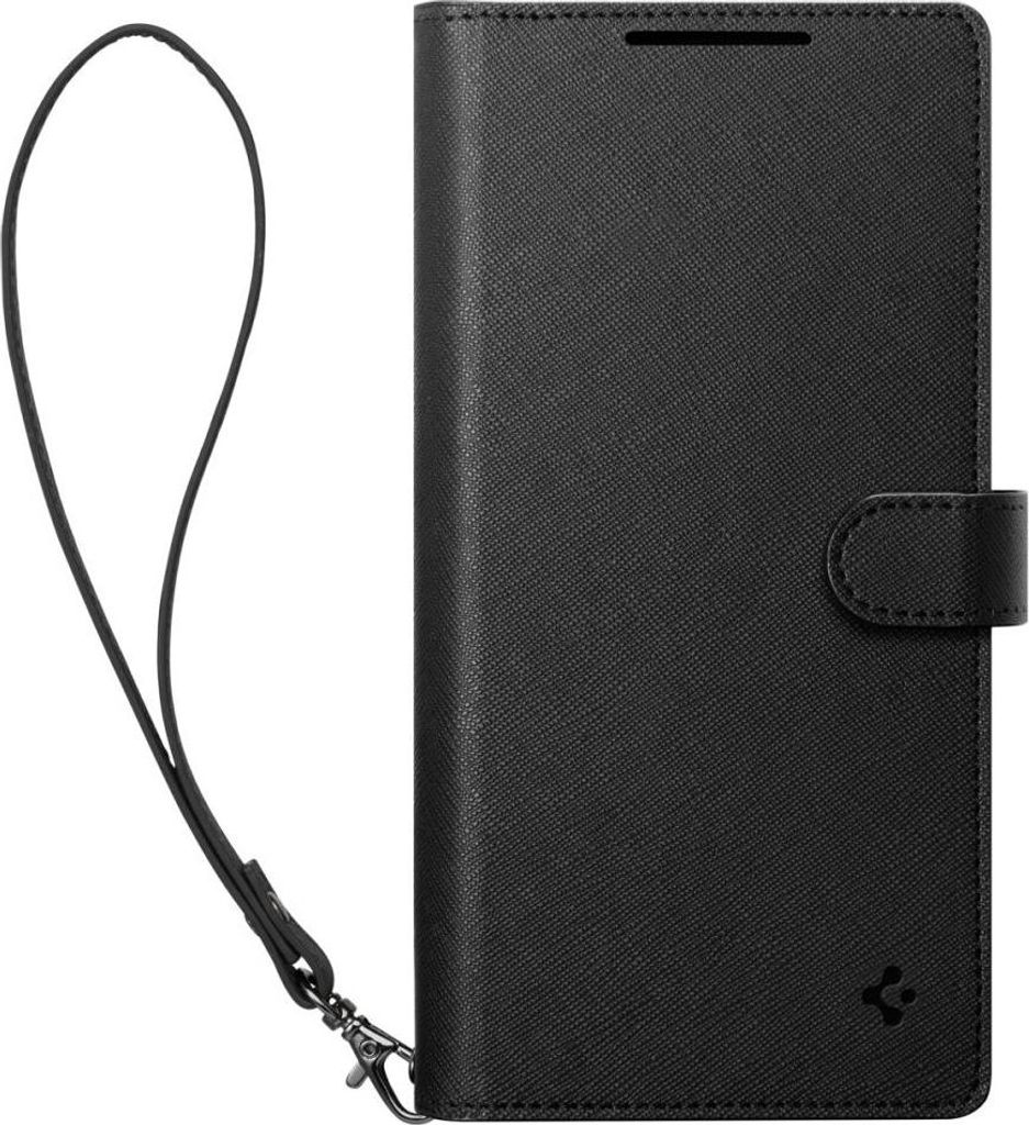 A black wallet-style phone case with a strap, shown closed.