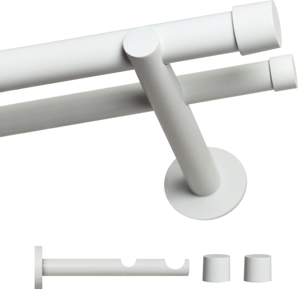 A double curtain rod set with mounting hardware and end caps, shown against a white background.