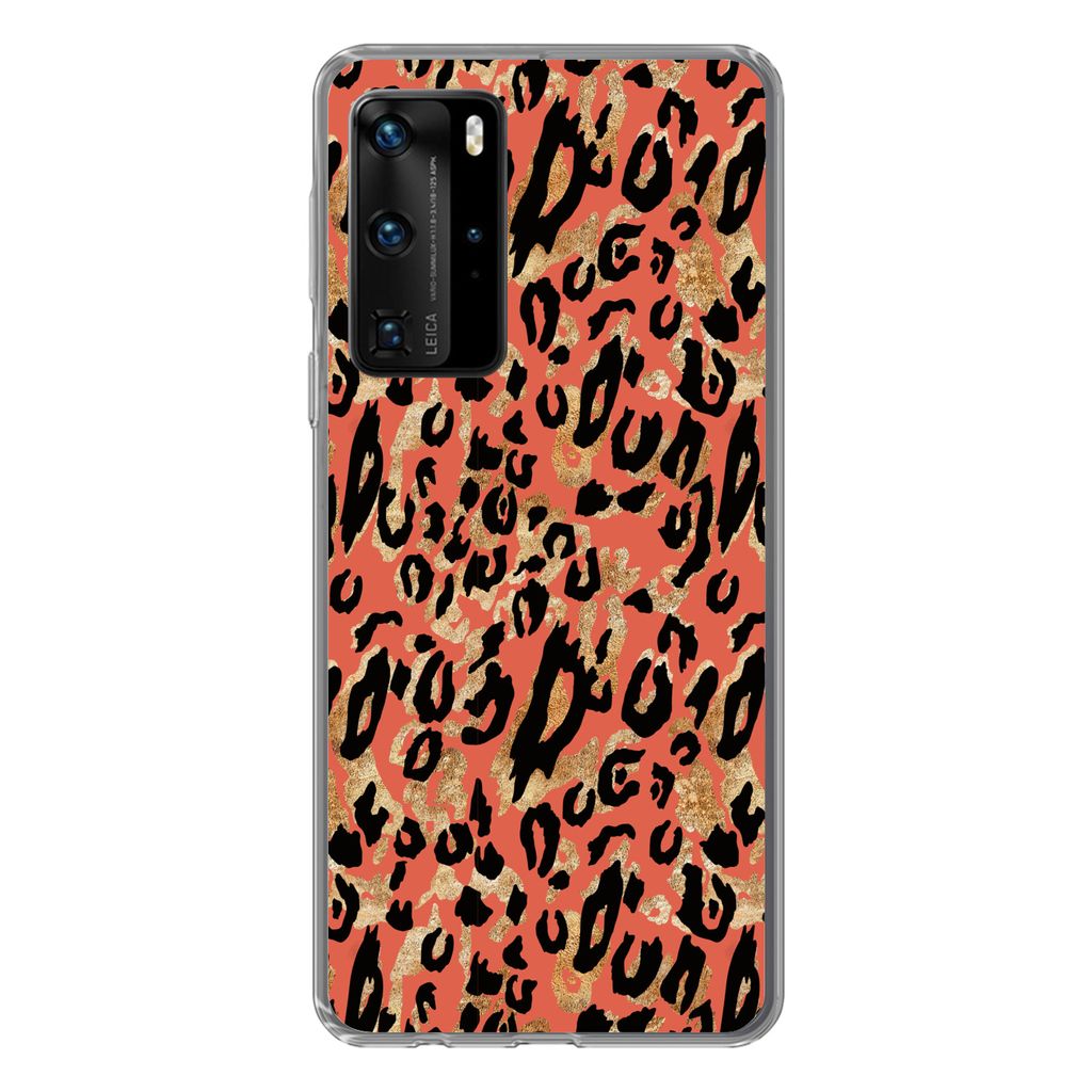MuchoWow Handyhülle Schutzhülle Hülle für Huawei P40 Pro Pantherdruck - Gold - Rosa Silikon Softcase Handy Hülle - Schutz