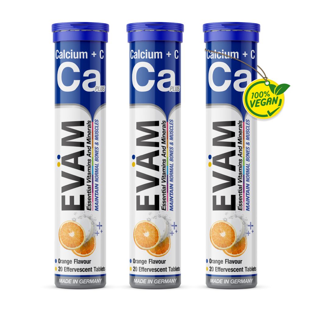 EVÄM Calcium+Vitamin C Brausetabletten Geschmack Orange 3x 20 Stück Vitamin C hochdosiert Nahrungsergänzungsmittel zur Unterstützung des Immuns...