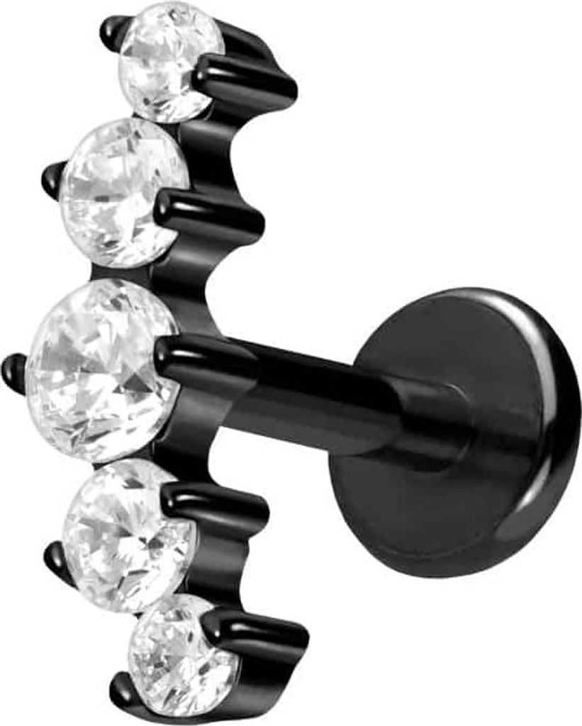 Ohrpiercing, Nasenpiercing Titan Labret mit Push Fit 5 EINGEFASSTE KRISTALLE Schwarz Stablänge: 9mm | Stabstärke: 1,2mm
