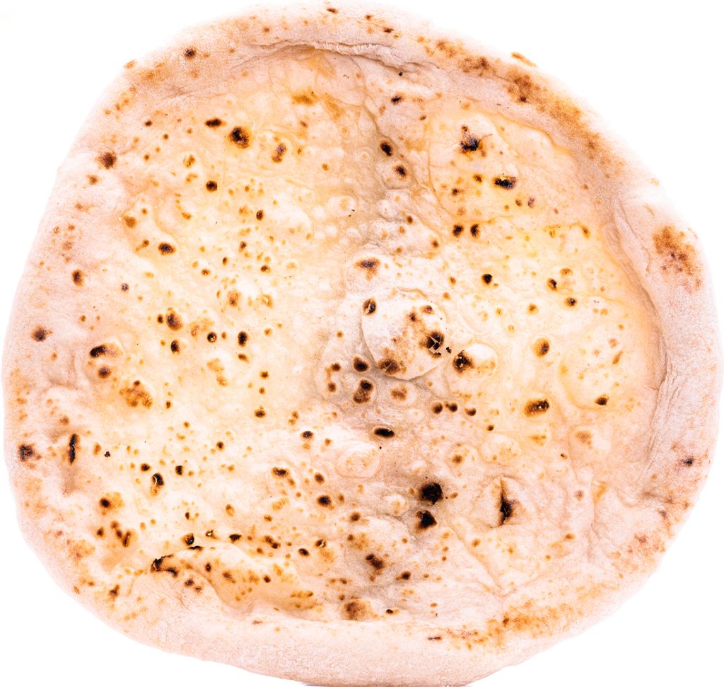 A top-down view of a single pizza base on a white background.