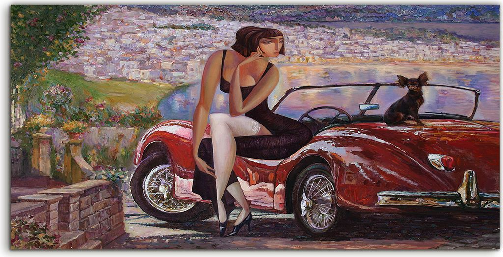 Coloray Spritzschutz aus Glas 140x70 Wandkunst Küchenrückwand Kunstdruck Auto Frau Hund Abstrakte