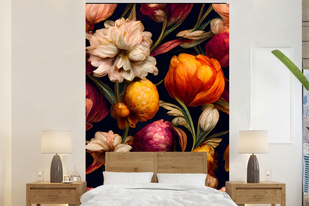 MuchoWow Fototapete für Wohnzimmer oder Schlafzimmer Wandtapete Vinyl Motivtapete Blumen - Pflanzen - Weiß - 155x240 cm - Tapete