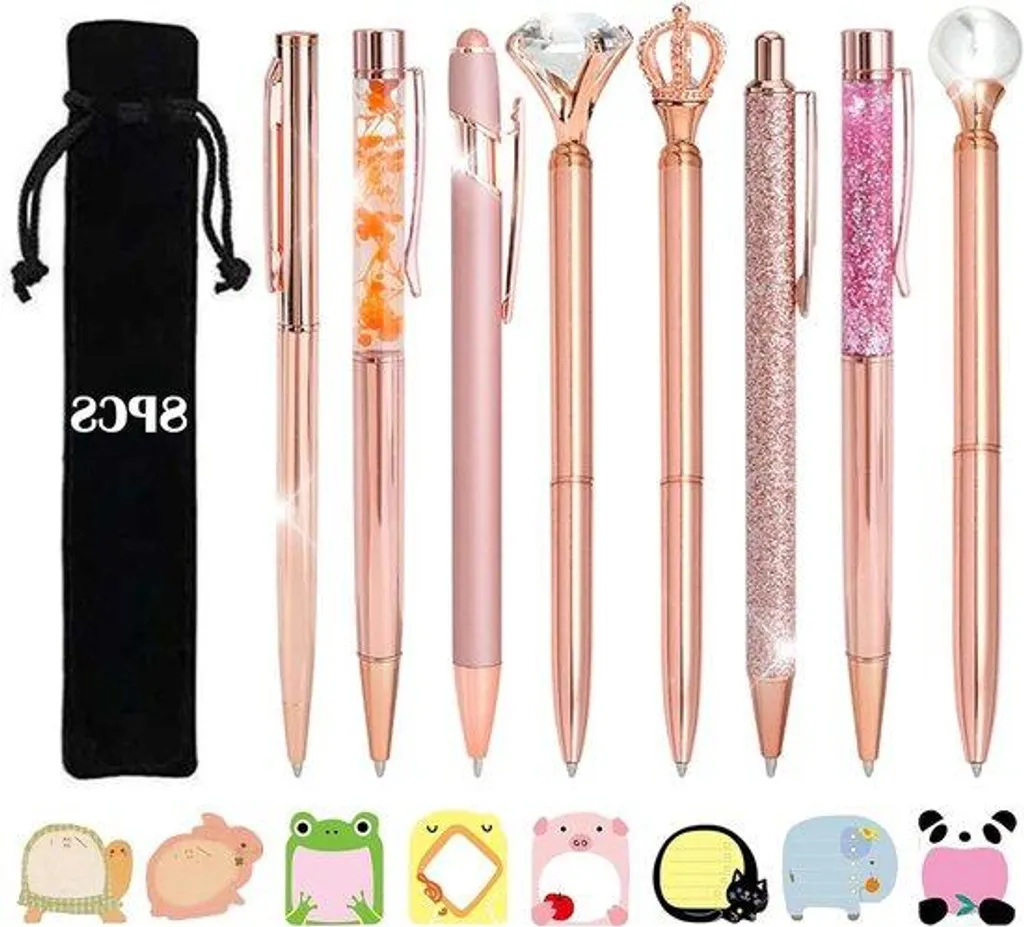 Trousse rose avec 8 stylos à bille noirs - Lot complet d'écriture