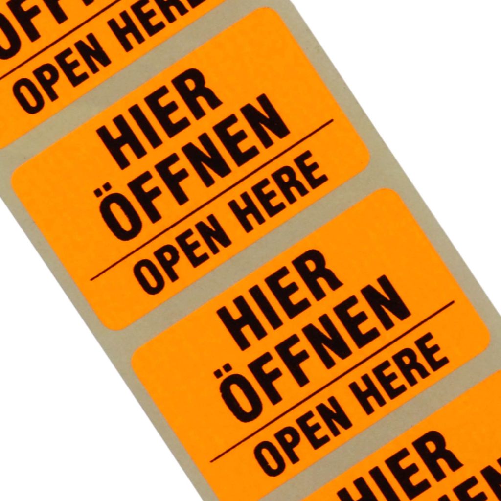 2000 Etiketten Hier öffnen 2-sprachig Haftpapier 38 x 23 mm leuchtend orange