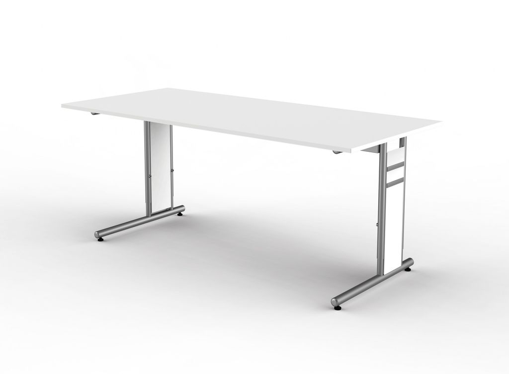 Kerkmann Schreibtisch Form 4 180x80x68-82 cm C-Fuß Alusilber Applikationen Typ C weiß