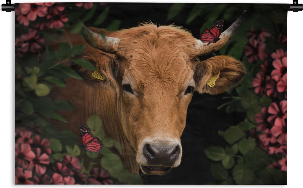 MuchoWow Wandteppich Wandbehang Kuh - Blumen - Tiere - Braun 60x40 cm Tapisserie Dekoration Wandtuch - Wanddekorationen