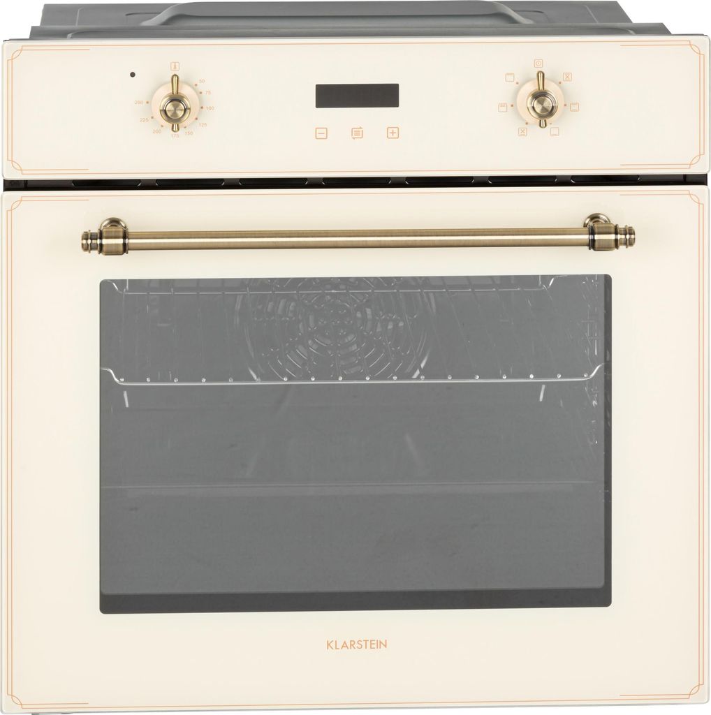 A front view of a cream-colored electric built-in oven with brass-colored accents.