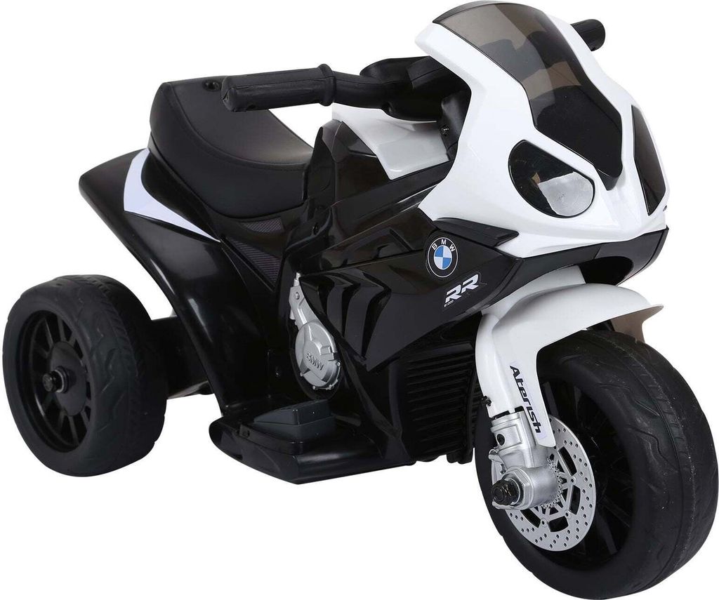 A black and white electric toy motorcycle.