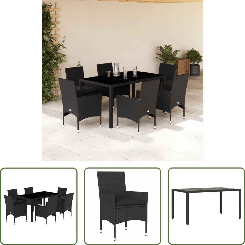 The Living Store 7-tlg. Garten-Essgruppe mit Kissen Schwarz Poly Rattan Glas