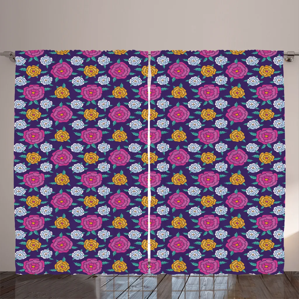 Rideau rétro moderne à fleurs Indigo 280x225 cm en tissu résistant