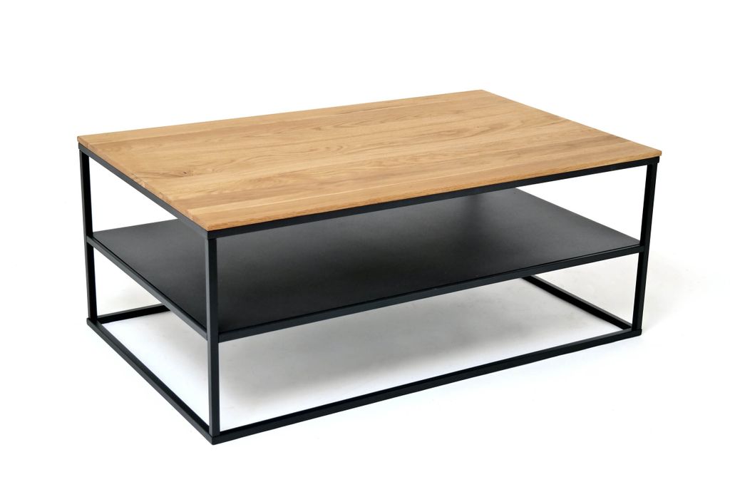 Moderner Couchtisch Wohnzimmertisch Sofatisch 95x55 Massivholzplatte Ablage schwarzes Metall
