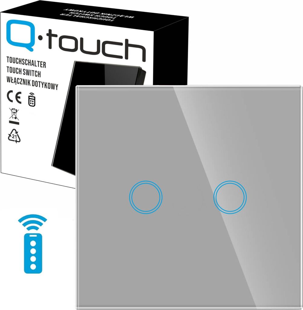 Glas Touch Lichtschalter Wandschalter 2-Fach Schalter LED silber mit Fernbedienungsfunktion