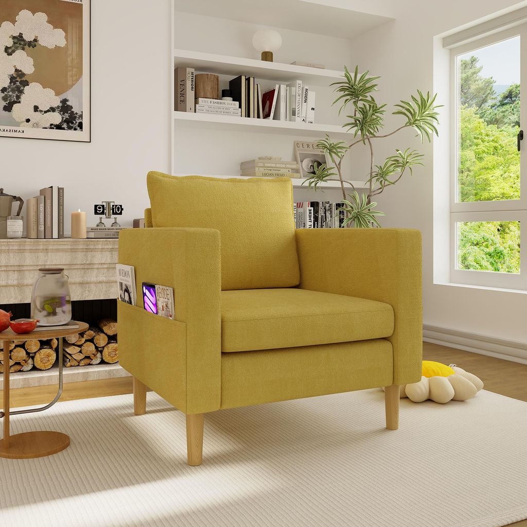 MODFU Loungesessel mit Seitentasche und bequemem Kissen,Polsterstuhl mit Armlehnen,Wohnzimmersessel,Chenille,Senfgelb