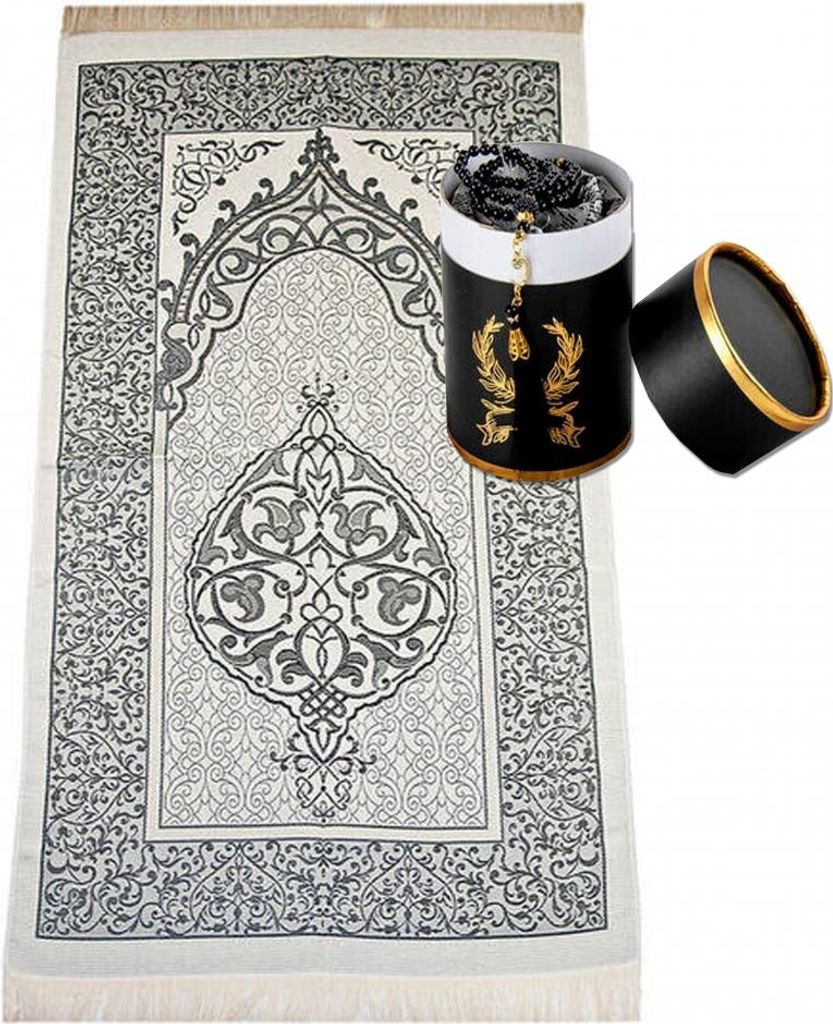 Gebetsteppich Taftstoff Grau mit Geschenkbox und Gebetskette – dezent & stilvoll 65 x 110 cm Größe - 65 x 110 cm
