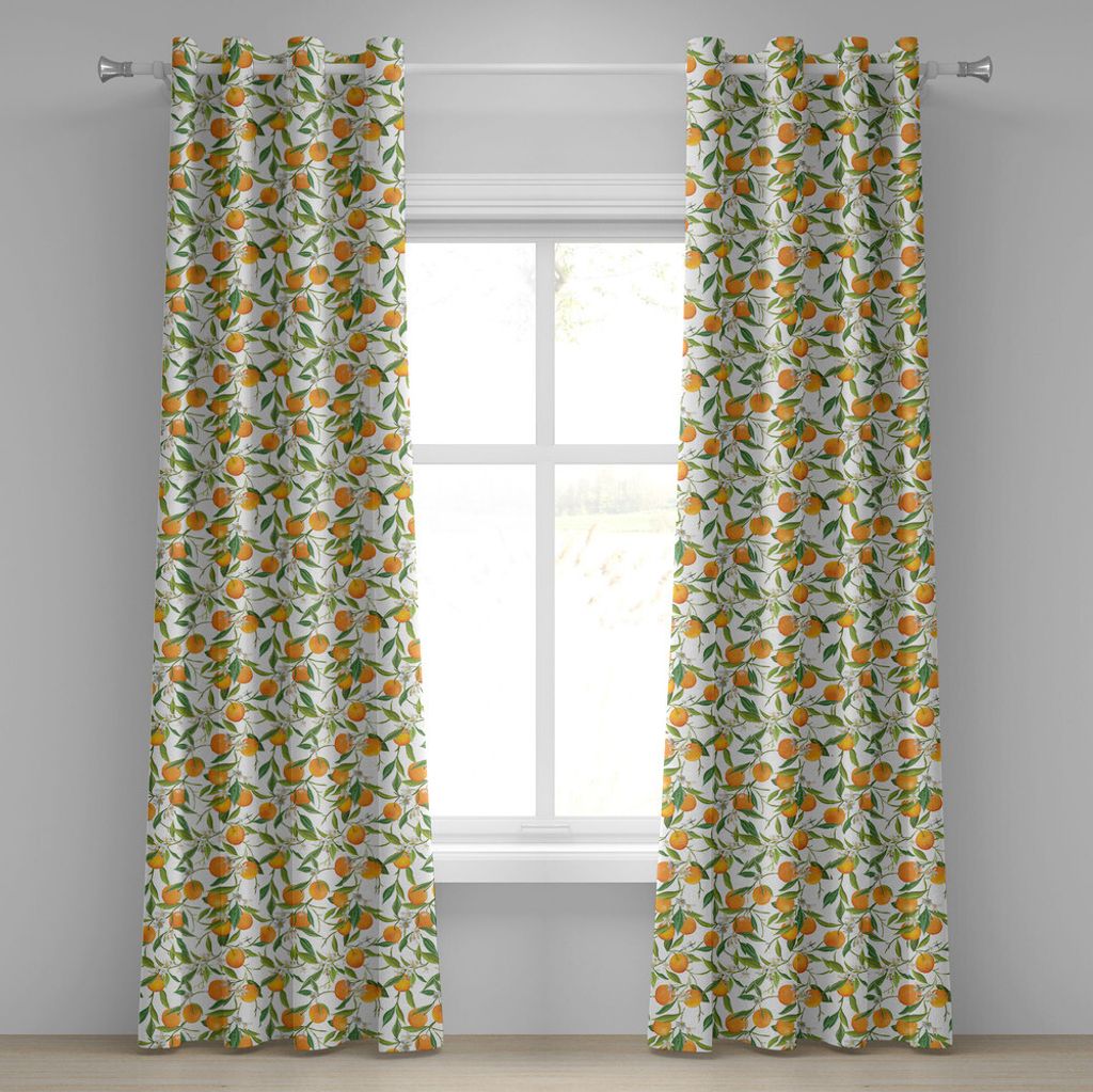 ABAKUHAUS Grüne und orange Ösenvorhang, Orange Zweige mit Blumen und Blatt-Muster-exotischen Früchten, Dekorative 2-Panel-Fenstervorhänge, 280 ...