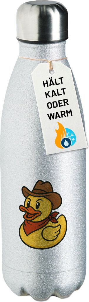 Huuraa Trinkflasche Quietscheente Cowboy Gummiente Wilder Westen 500ml Silver Edelstahl Wasserflasche Trinkflasche Geschenkidee