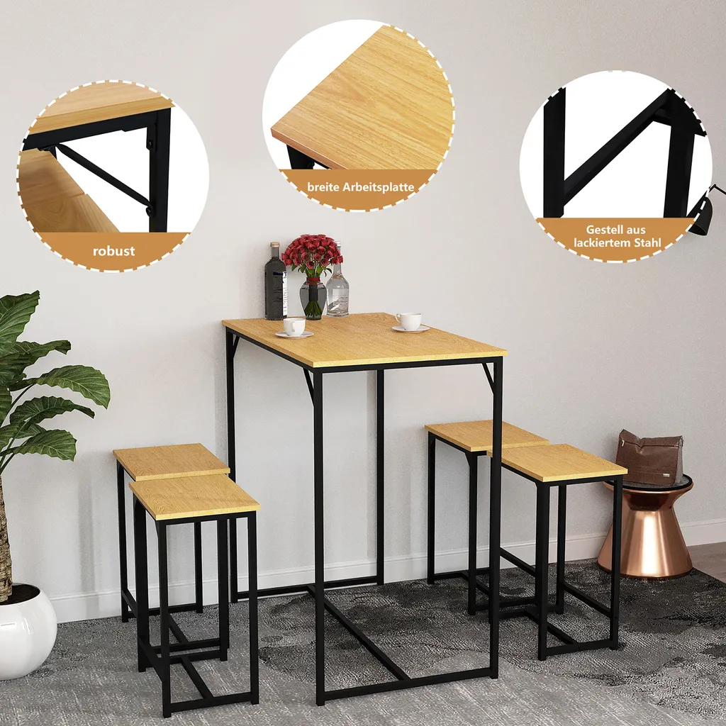 WAOHO Ensemble Table à Manger avec 4 Chaises en Acier Noir et Bois Brut - 8