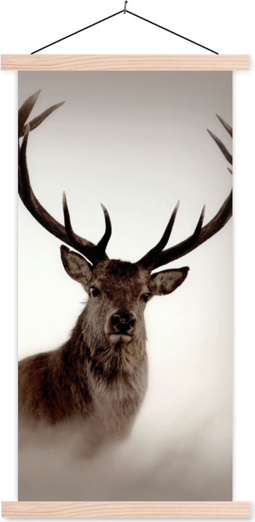 MuchoWow Textilposter Porträt - Hirsch - Geweih 40x80 cm mit holzfarbenen Rahmen - Wohnzimmer