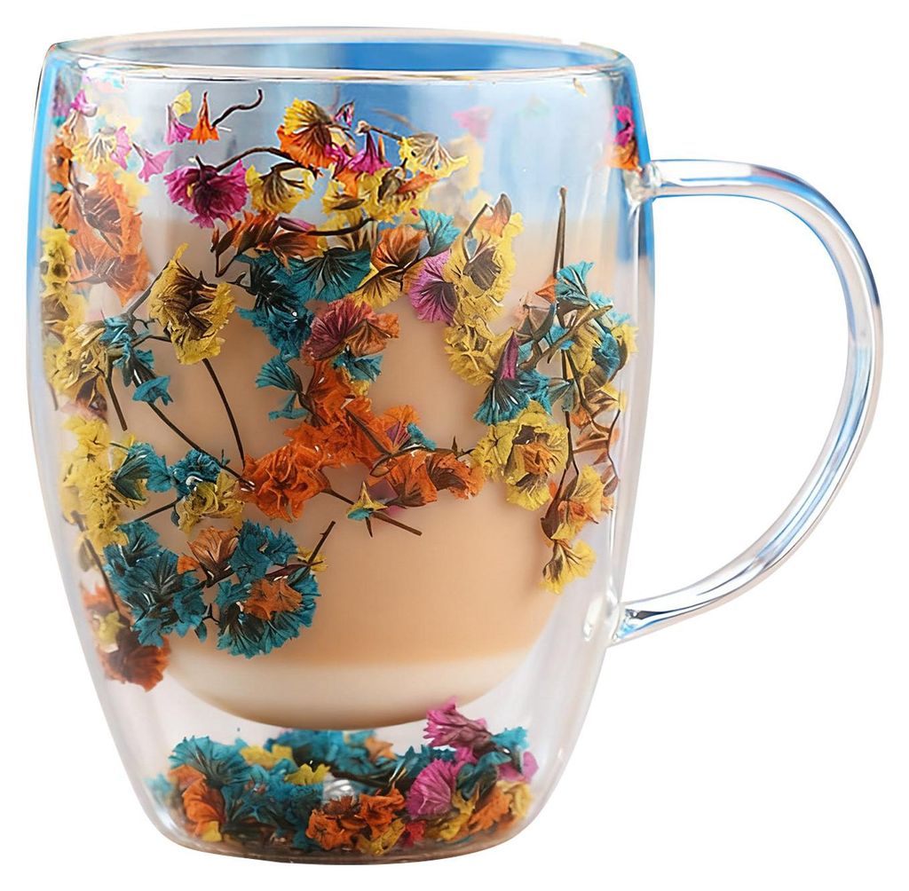 Doppelwandiger Glasbecher 350 ml, hitzebeständig, mit Blumenmuster, isoliert für heiße und kalte Getränke wie Cappuccino, Latte Macchiato, Espr...