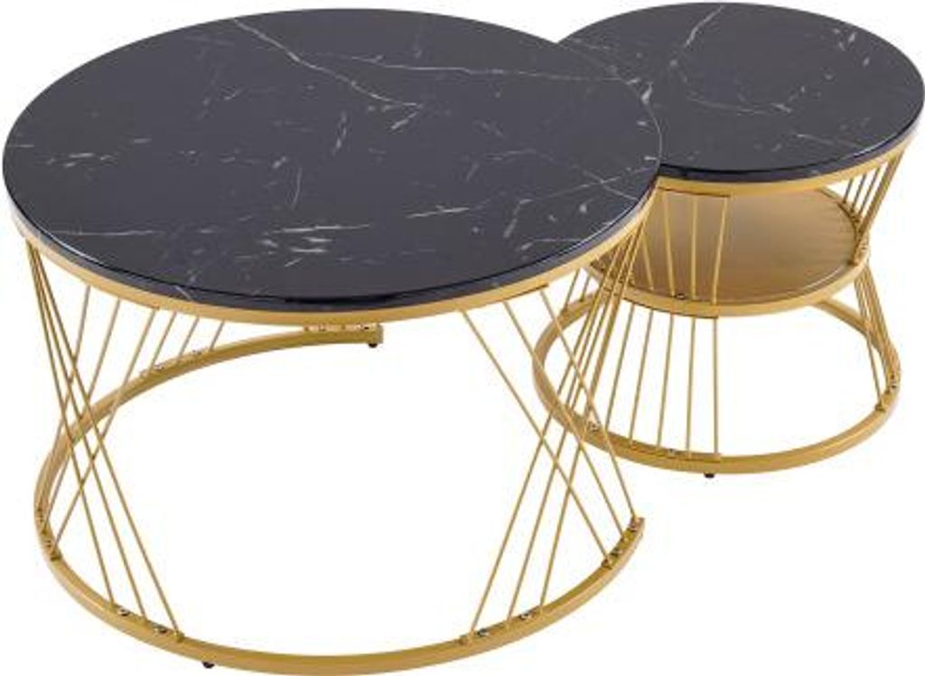 Hochglanz Couchtisch Satz Nesting Couchtisch Marmor Furnier Sofa Seite Nest von Tischen Runde Endtische Satz von 2 Goldene Farbe Frame Schwarz