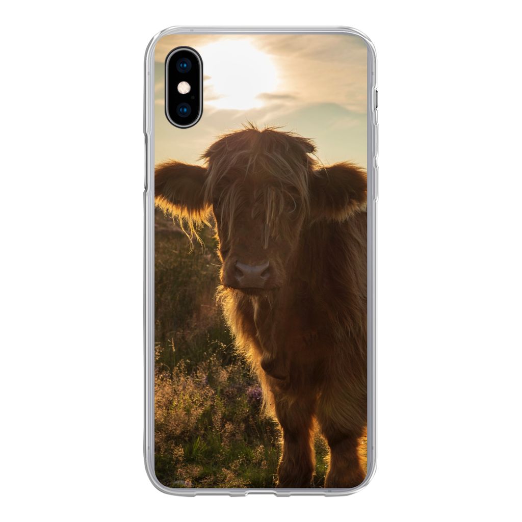 MuchoWow Handyhülle Schutzhülle Hülle für iPhone Xs Schottischer Highlander - Sonnenuntergang - Gras Silikon Softcase Handy Hülle - Handytasche