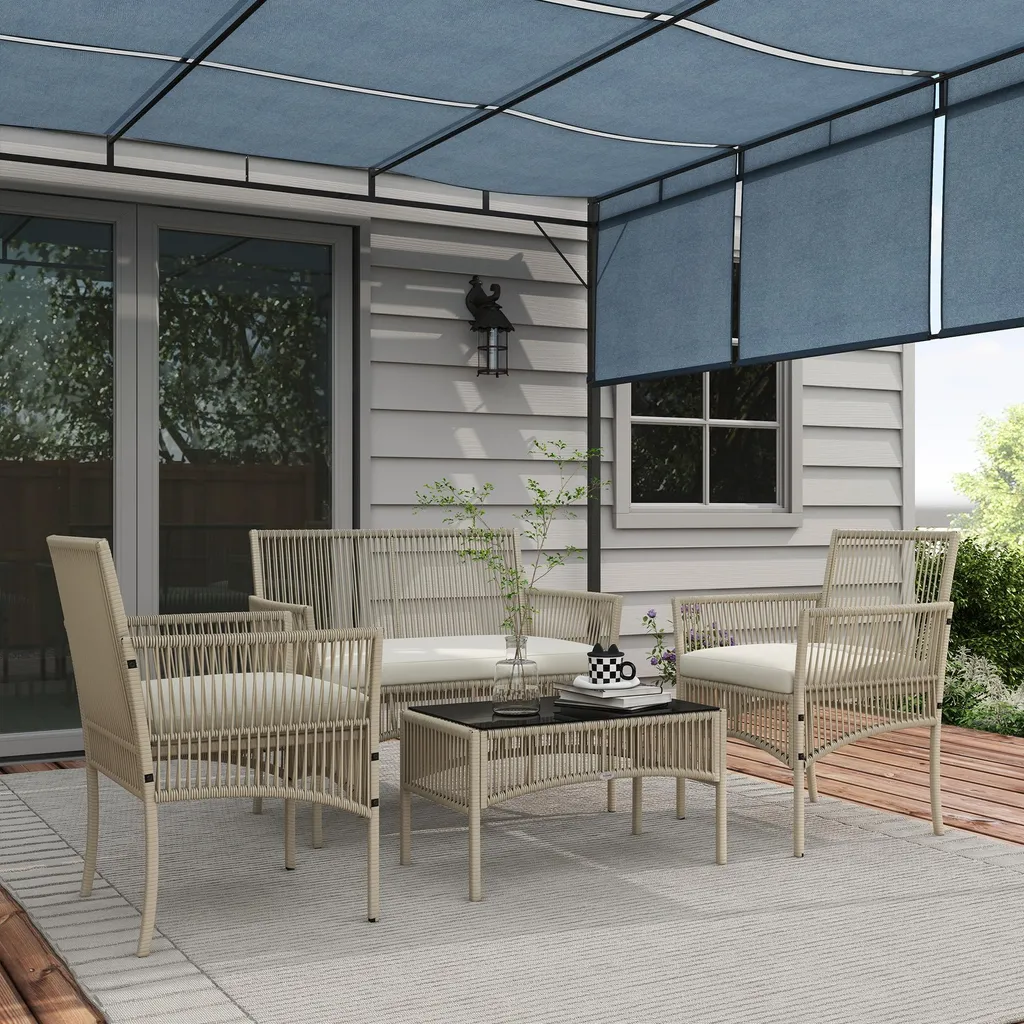 Outsunny Salon de jardin 4 pièces canapé fauteuils et table basse kaki