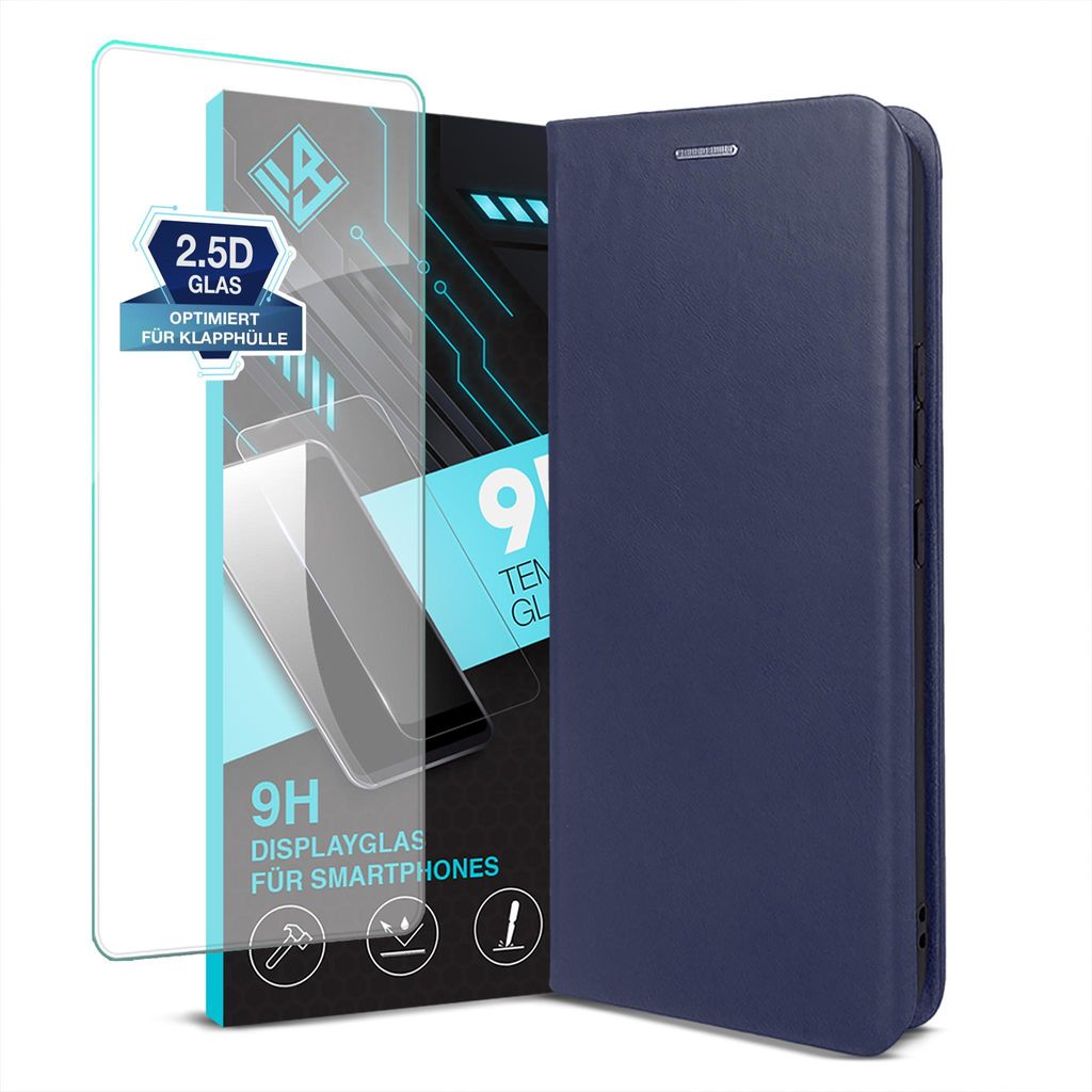 Handyhülle für Samsung Galaxy A57 5G mit 9H Displayglas Echtleder Flip Cover Hülle Case Kartenfach RFID Schutz Farbe: Blau