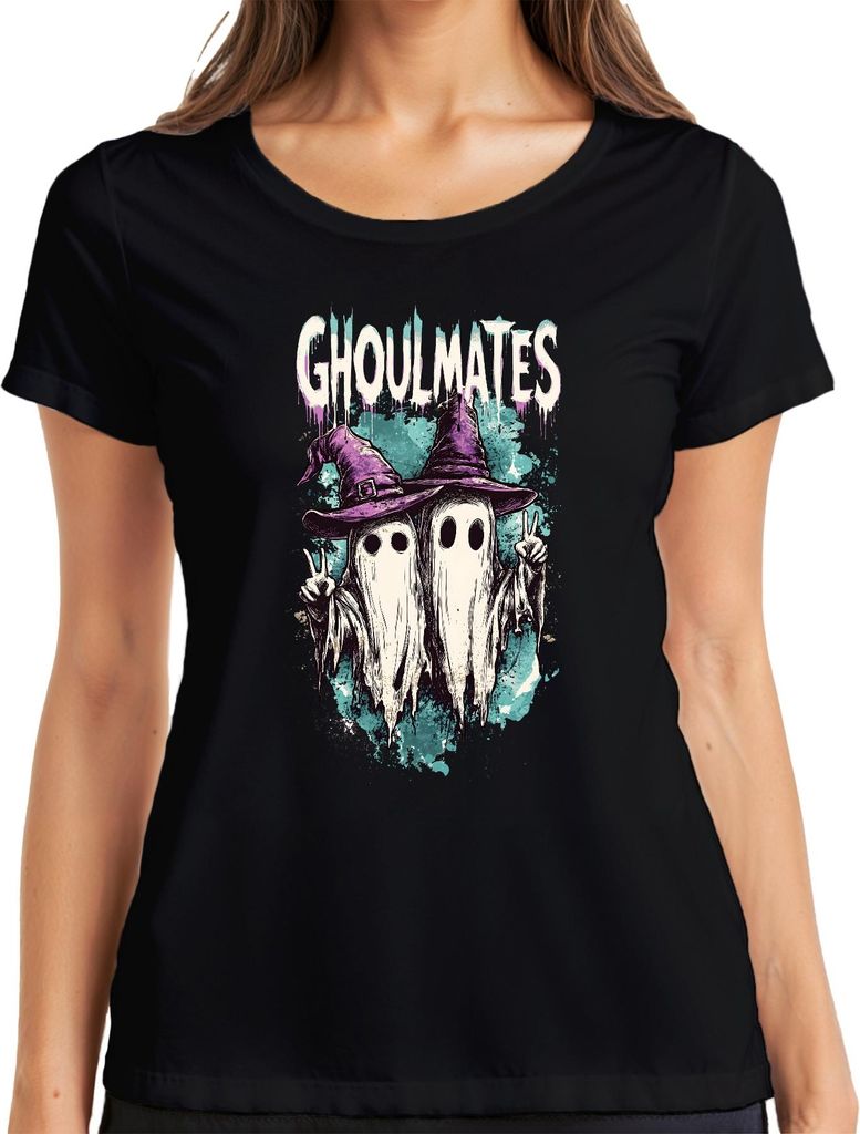 Ghoulmates Halloween Gespenster Geister Pärchen Hexenhut Vintage Damen T-Shirt, Schwarz, XXL