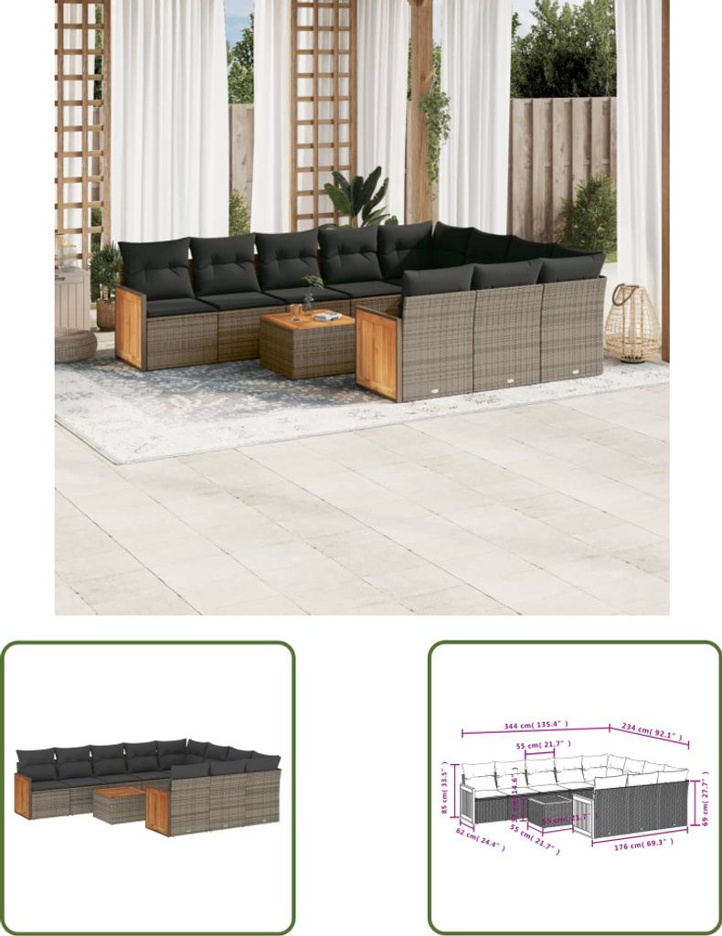The Living Store 11-tlg. Garten-Sofagarnitur mit Kissen Grau Poly Rattan