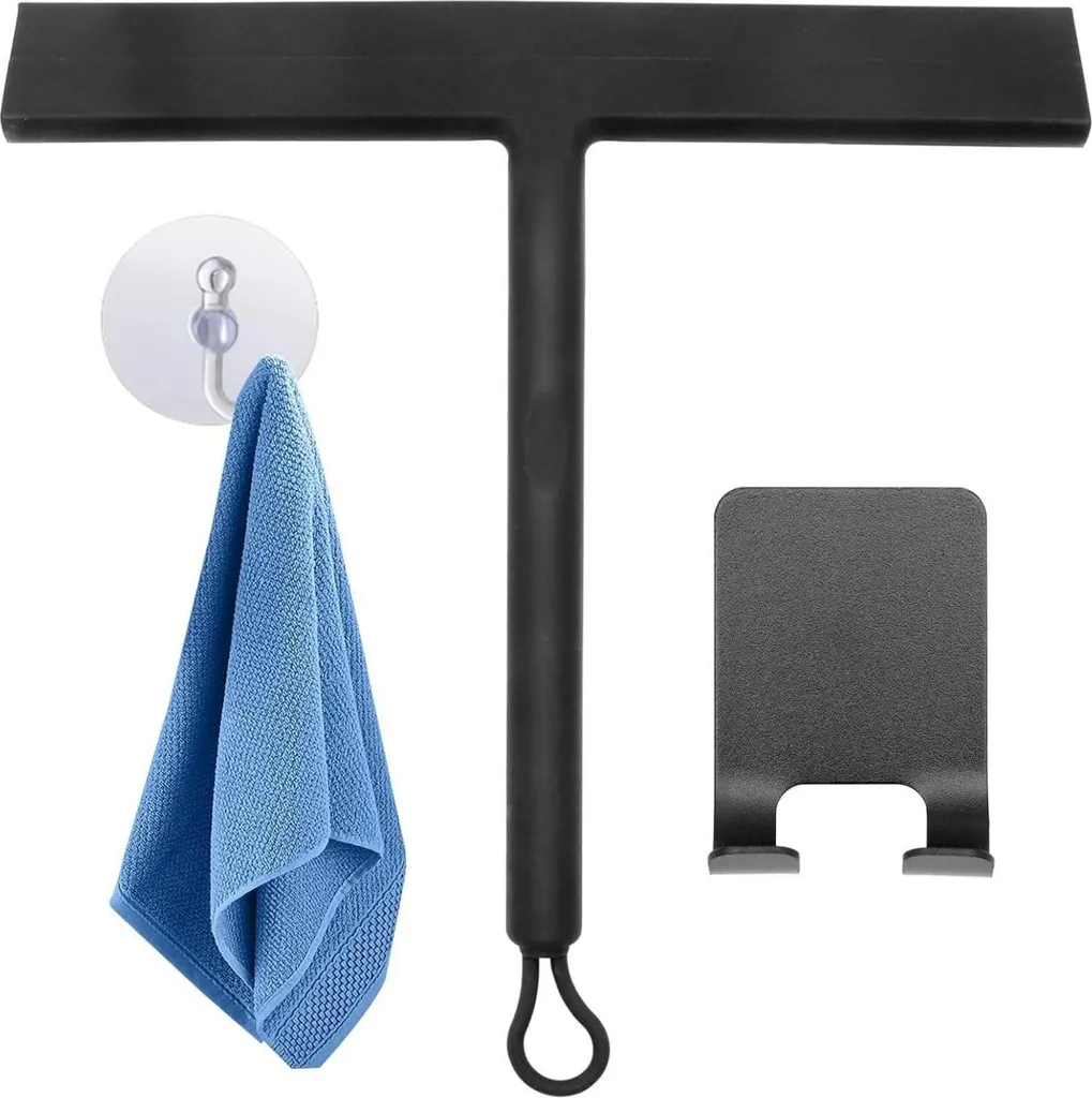 Raclette douche silicone noir mat antidérapante et support sans trou