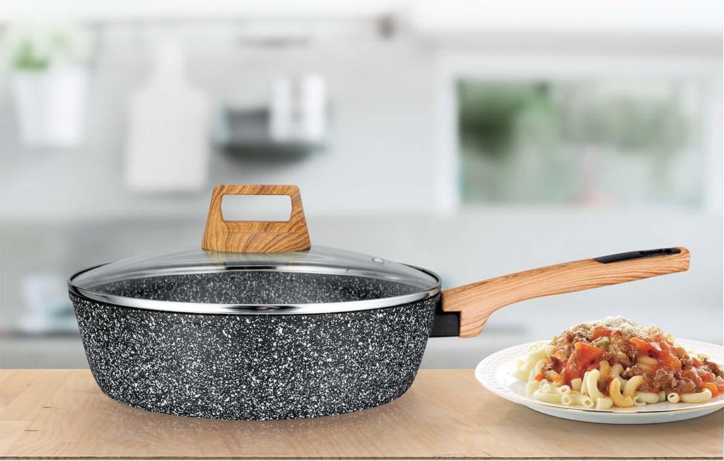 TIEFE Bratpfanne mit Glasdeckel 28 cm für alle Herdarten, antihaft Granit- Keramikbeschichtung