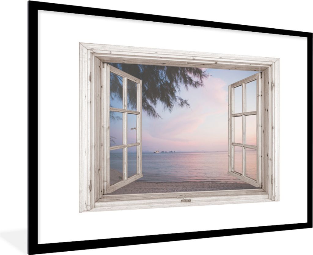 MuchoWow Gerahmtes Poster Aussicht - Strand - Palme 90x60 cm - Poster mit Schwarzem Bilderrahmen Wandposter Rahmen Foto Bilder - Wanddekoration -...