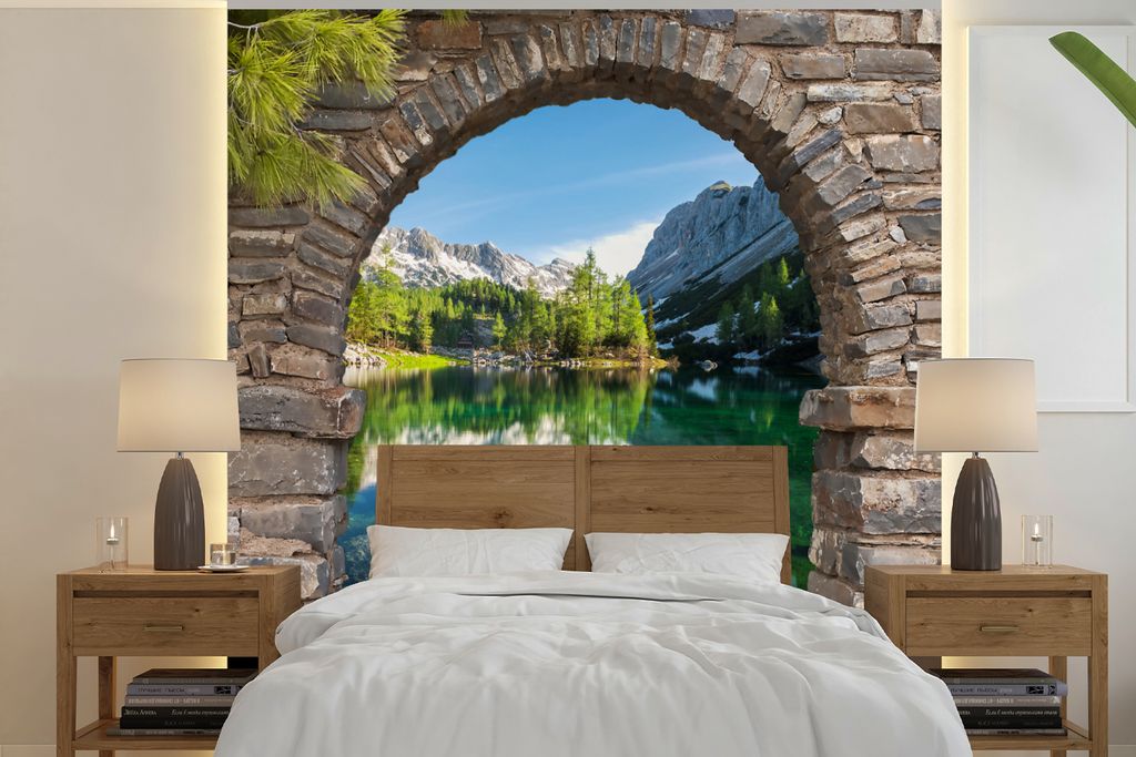 MuchoWow Fototapete für Wohnzimmer oder Schlafzimmer Wandtapete Vinyl Motivtapete Aussicht - Berg - Landschaft - Wasser - 280x280 cm - Hintergru...