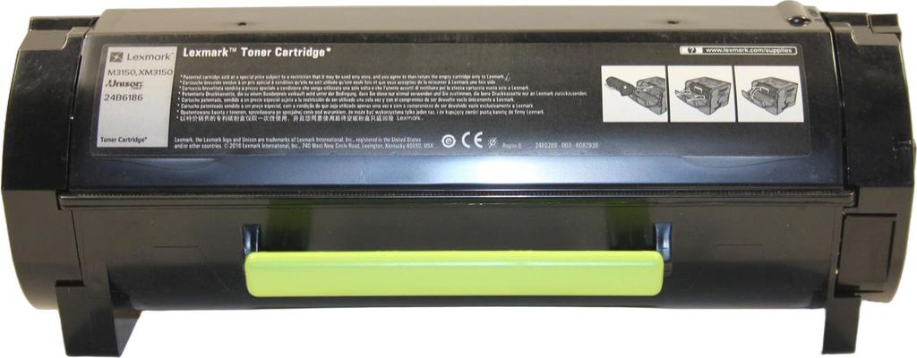 A black toner cartridge with a green handle, shown from the front.