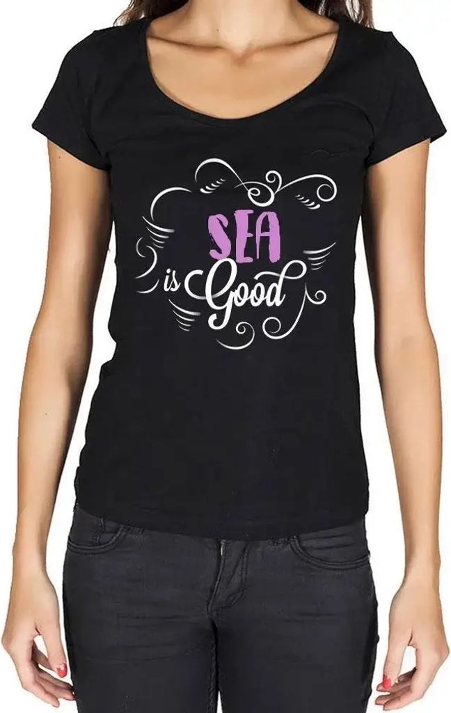 Damen Grafik T-Shirt Meer ist gut – Sea Is Good – Öko-Verantwortlich Vintage Jahrgang Kurzarm Lustige Druck Geburtstag Geschenk Frau