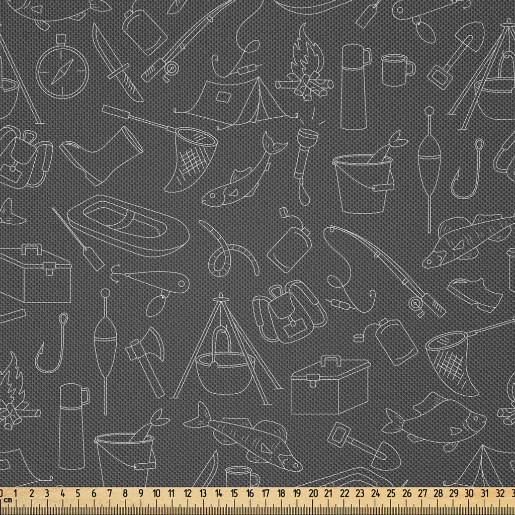 ABAKUHAUS Angeln Theme Satin Stoff als Meterware, Monochrome Abbildung mit Handzeichnung Angeln und Camping Objekten, 10 M (148 x 1000 cm), Weiß u...