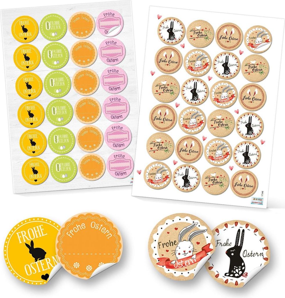 Logbuch-Verlag Set 48 Frohe Ostern Aufkleber Osterhase Osterdeko bunt Osteretiketten rund Verpackung Kindergeschenke Geschenke Give-Away gelb grün...