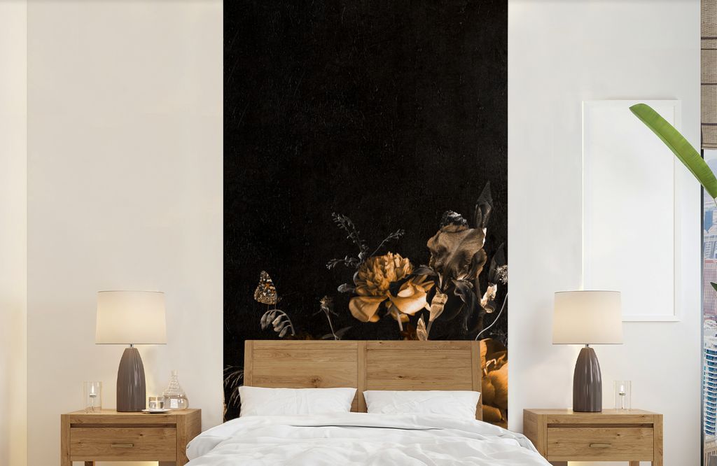 MuchoWow Fototapete für Wohnzimmer oder Schlafzimmer Wandtapete Vinyl Motivtapete Blume - Gold - Muster - 120x240 cm - Hintergrundbild