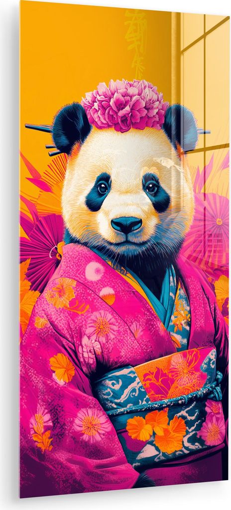 MuchoWow Glasbilder - Bilder auf Wandbild - Foto auf Glas Kimono - Rosa - Panda - Blumenkrone 40x80 cm Wanddekoration aus Glas - Acrylglasbild - Ac...
