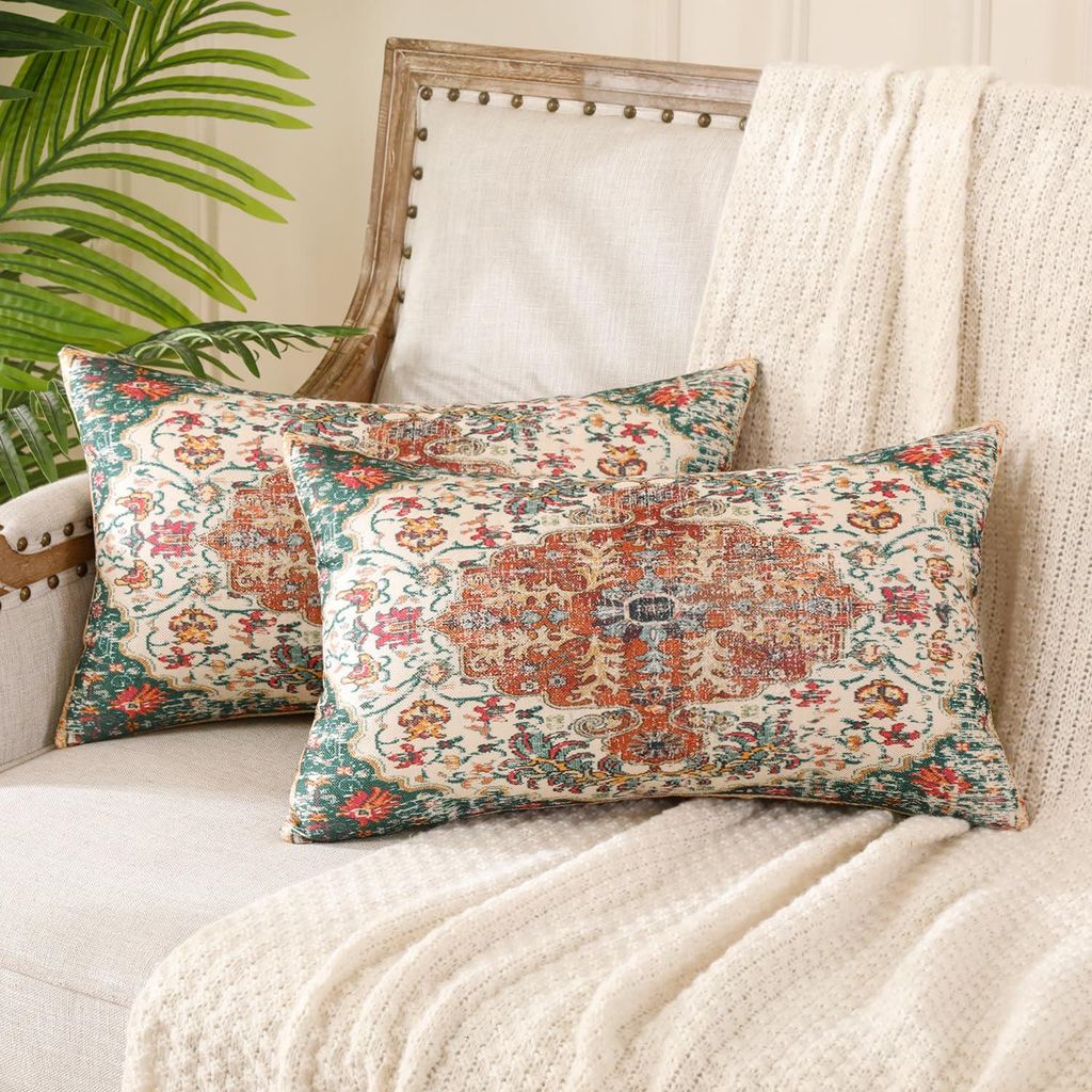 Set mit 2 ethnischen Kissenbezügen, grün, 30 x 50 cm, Boho-Sofakissen, doppelseitiges Muster, dekorative Kissen im Bohème-Stil, orientalische Ki...