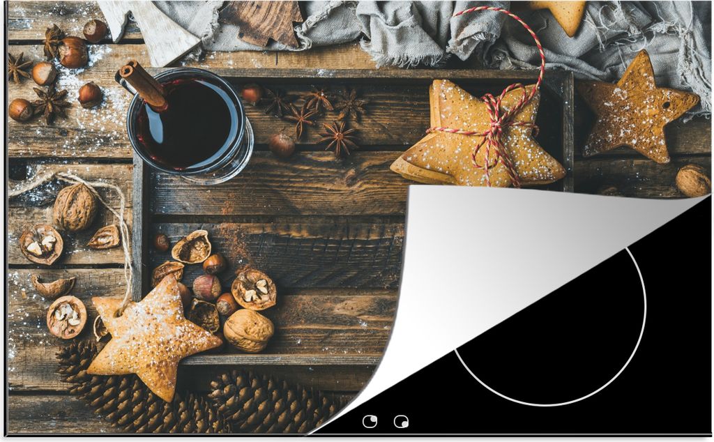 KitchenYeah Herdabdeckplatte Alkohol - Wein - Tablett - Sterne - Zimt , 81x52cm, Küche Deko, Glaskeramikfeld Herdabdeckung, Abdeckplatte fùr Ko...