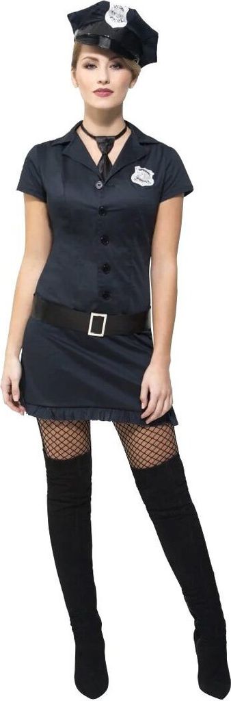 A woman wearing a police officer costume.